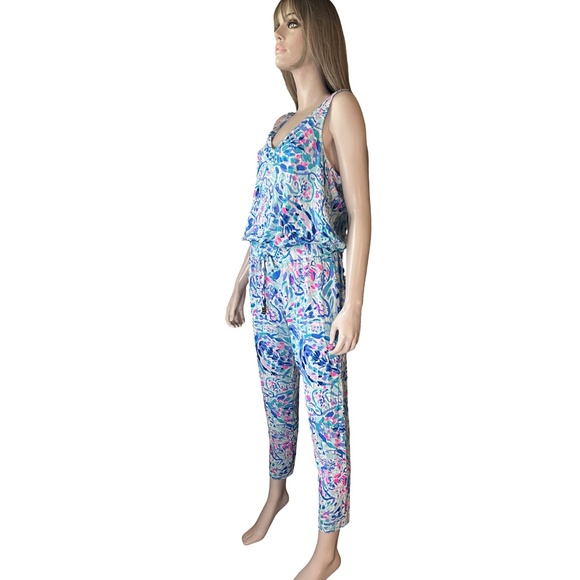 Lilly Pulitzer Rayon Jumpsuit Paulina Breakwater Party Wave Print Racer Back - Picture 8 of 14